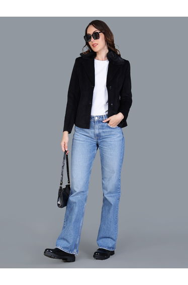 Women Black Button-Up Blazer with Faux Fur Collar