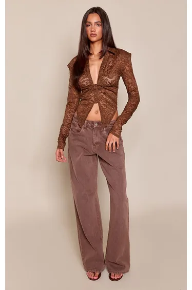 Brown Sheer Lace Shoulder Pad Long Sleeve Blouse