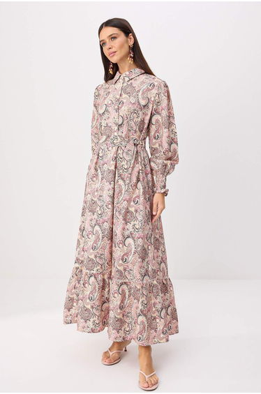 Pink Silky Fabric Shawl Patterned Hijab Dress