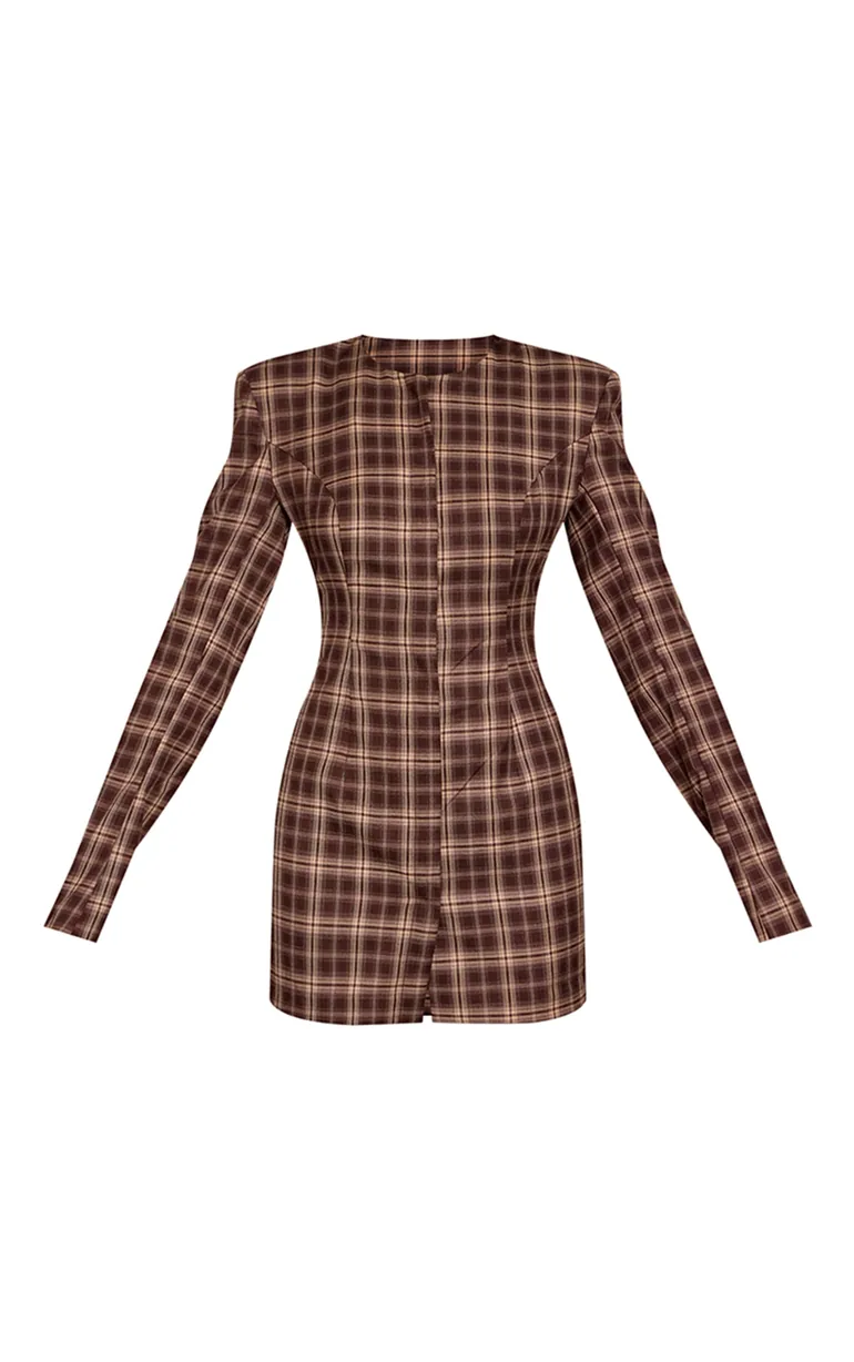 brown check blazer dress Women's Brown Check Shoulder Pad Blazer Mini Dress
