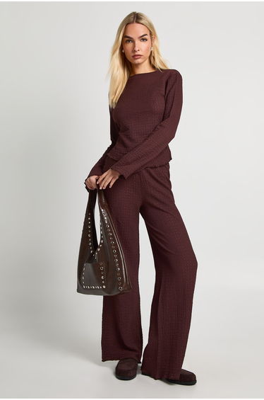Textured Long Sleeve Lettuce Hem Top & Trouser Co Ord - chocolate