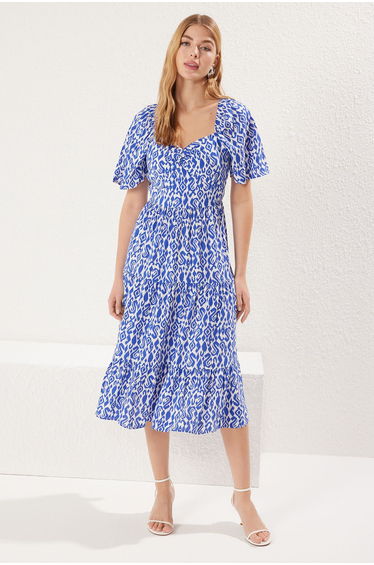 Blue Ethnic Patterned A-Line Balloon Sleeve Floral Patterned Midi Viscose Woven Dress