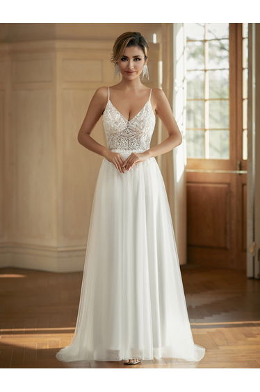 Leely Elegant White Spaghetti Strap V-Neck A-Line Tulle Wedding Gown
