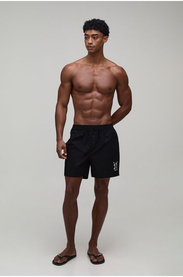 Relaxed fit Cotton Boxer Style Embroidered Short - black
