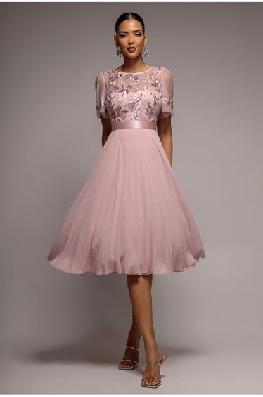 Goddiva Embroidered Top Chiffon Pleated Midi - Blush