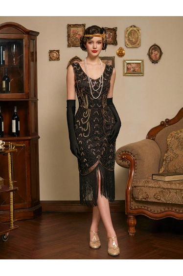 Modecrush V-neck Vintage Fishtail Sequin Beaded Flowing Dress