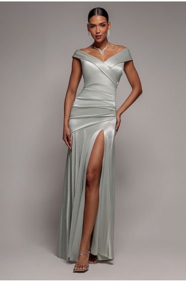 Satin Off Shoulder Pleated Maxi Dress - Sage Green by Goddiva