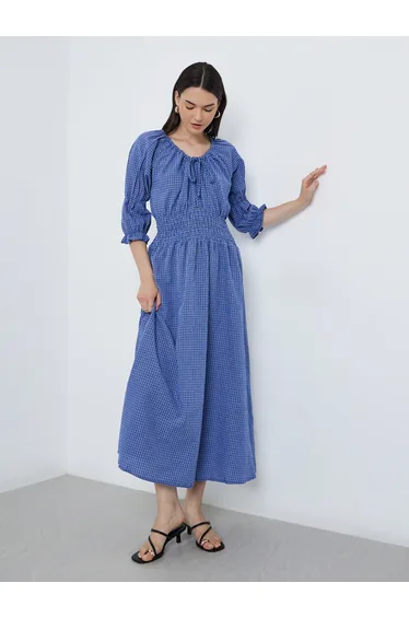 Smocked Detail Tie Up Neck Dress