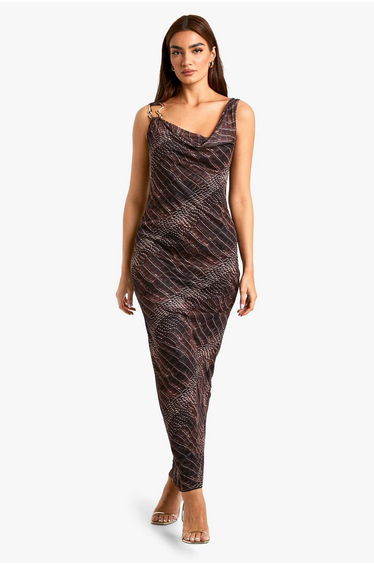 Croc Print Cowl Mesh Slip Dress - brown