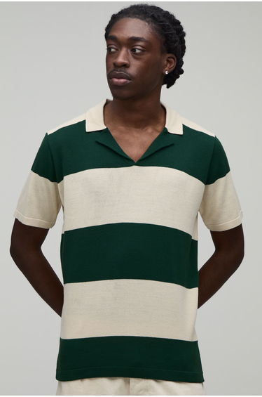 Regular Fit Revere Striped Knitted Polo - forest