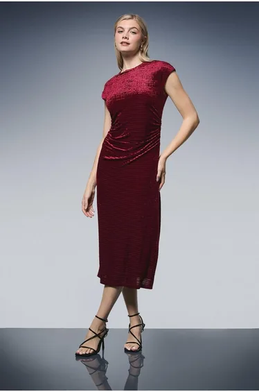 Striped Velvet Ruched Waist Midi Dress