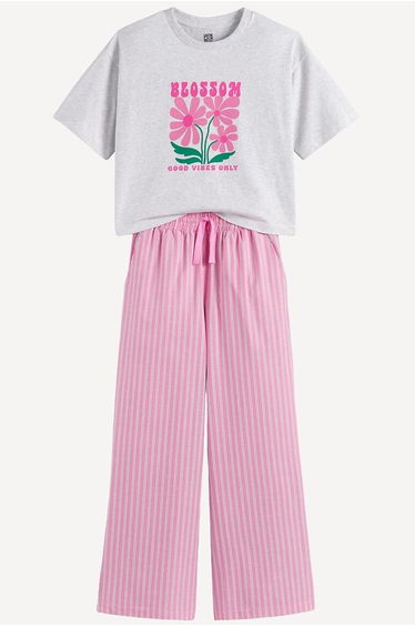 Cotton Pyjamas with Striped Trousers and Printed T-Shirt
