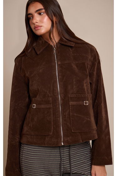 Chocolate Pocket Trim Faux Suede Jacket