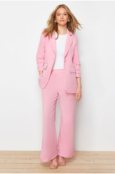 Pink Pearl Detailed Crepe Jacket Trousers Woven Bottom Top Set