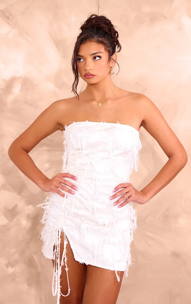 cream ruched mini dress Fortuna | White Ruched Mini Dress With One-Sleeve