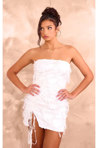 Cream Eyelash Detail Satin Bandeau Ruched Mini Dress