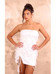 Cream Eyelash Detail Satin Bandeau Ruched Mini Dress