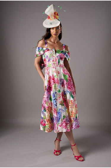 Lisa Tan Printed Organza Bardot Midi Dress