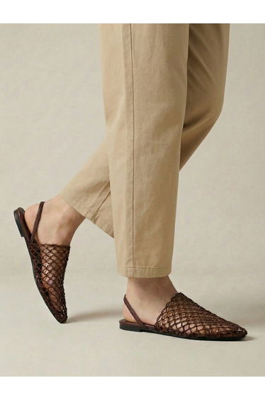 Women Brown Crochet Flat Slingback Sandals