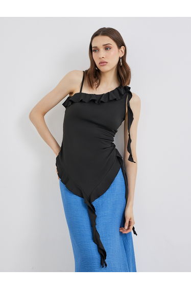Solid Ruffled Detail Asymmetrical Neck Top