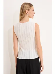 Ecru Fitted/Bodycon Sleeveless Textured Knitted Blouse - 3