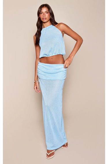 Baby Blue Textured Halter Neck Top Co-ord