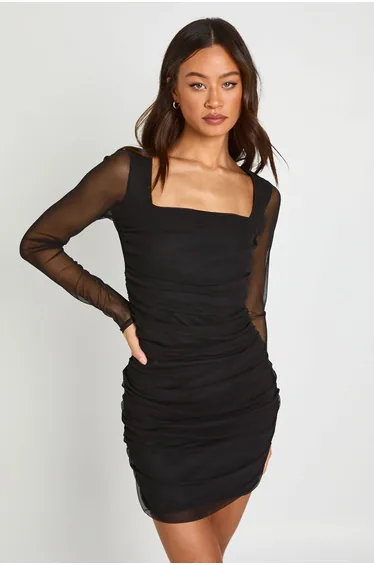 Tall Mesh Square Neck Ruched Mini Dress - black