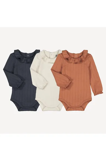 Pack of 3 Bodysuits with Ruffled Collar and Long Sleeves