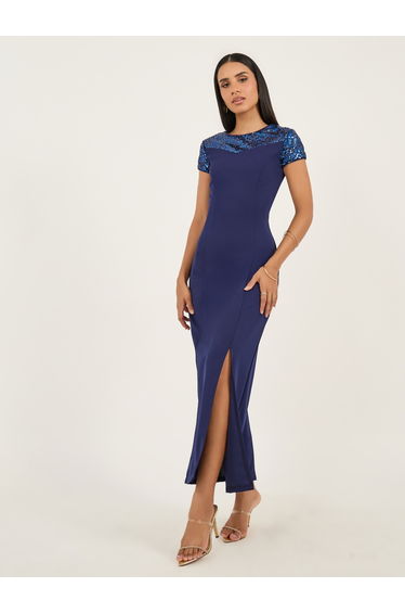 Sequinned Front Slit Detail Sheath Maxi Dress