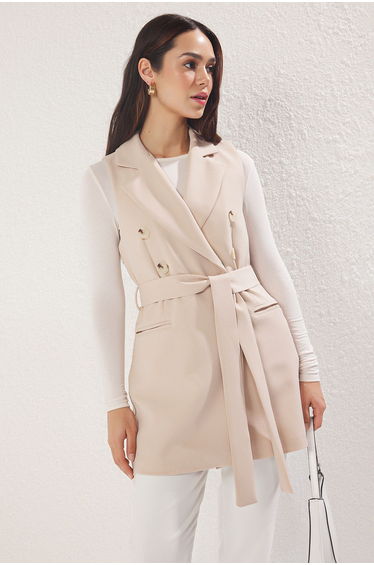 Beige Belted Woven Lined Vest
