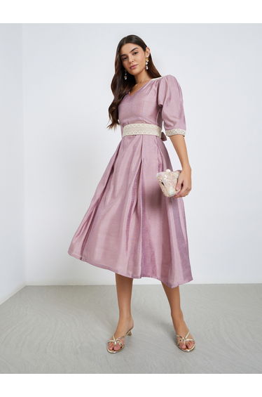 Pink Lace Insert Flared Midi Dress