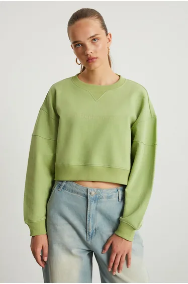 DANBI Women's Crop Knitted Fabric Round Neck Long Sleeve Green Sweatshirt