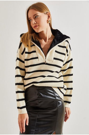 Women's Collar Shearling Striped Zippered Knitwear Sweater