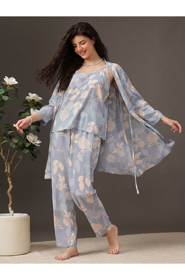 Pack of 3 - Floral Satin Cami, Robe and Pyjama