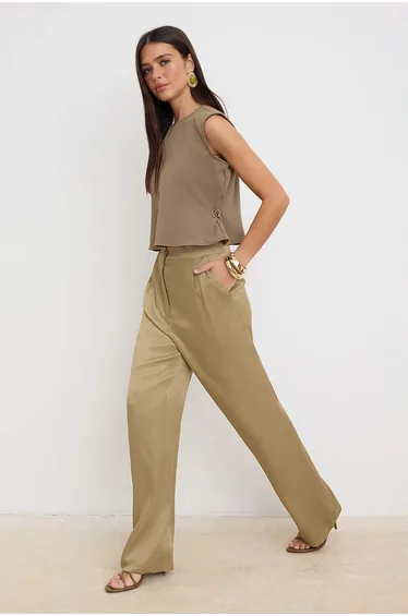 Khaki Satin Wide Leg Pants