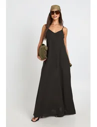 Linen Hanky Hem Maxi Dress - black - 2