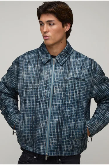 Boxy Fit Distressed Check Harrington Jacket - blue