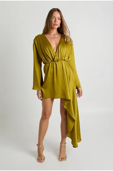 Textured Satin Draped Wrap Mini Dress - chartreuse