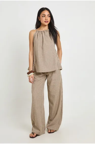 Linen Look Stripe Wide Leg Trousers - brown