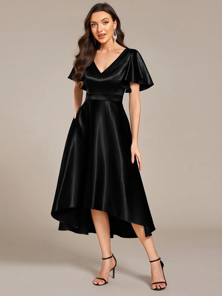 ever SCARLEN|V-neck High-Low Satin Wedding Guest Dress with Pockets - 4
