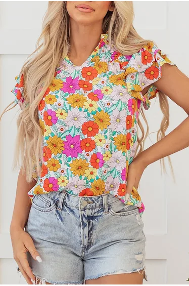 Lvnes Yellow Floral Print Shirred Tiered Ruffled Sleeve Blouse