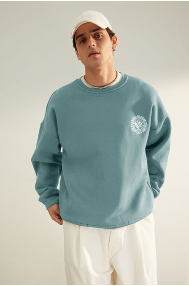 Mint Oversize/Wide Cut Floral Embroidered Fleece Lined Cotton Sweatshirt