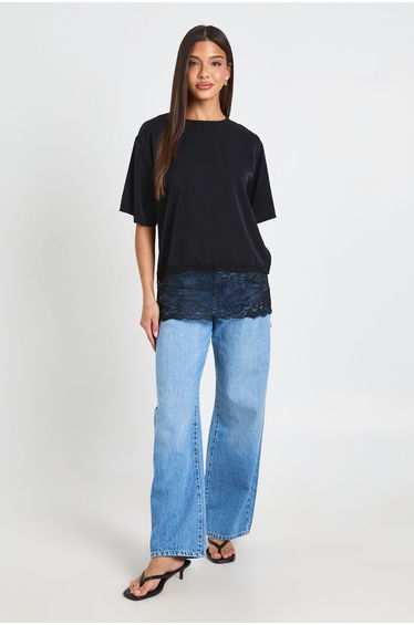 Lace Hem Oversized Loose Top - black