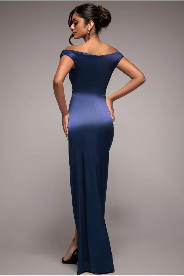 Goddiva Cowl Bardot Satin Twill Maxi Dress - Navy - 2