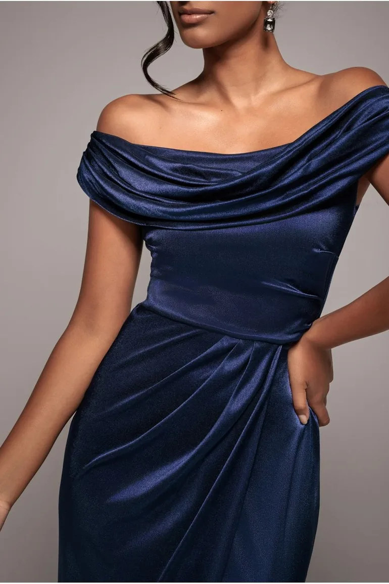 Goddiva Cowl Bardot Satin Twill Maxi Dress - Navy - 3