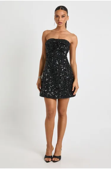 Bow Detail Boucle Sequin Shift Mini Dress - black