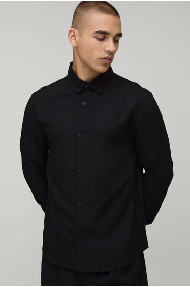 Regular Fit Long Sleeve Linen Blend Shirt - black