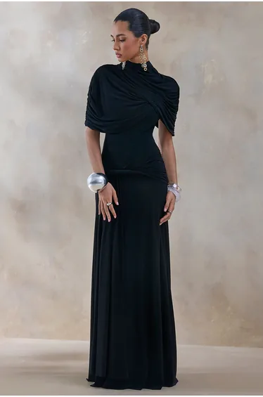 Evelisse | Black High-Neck Maxi Dress With Short-Cape Sleeves