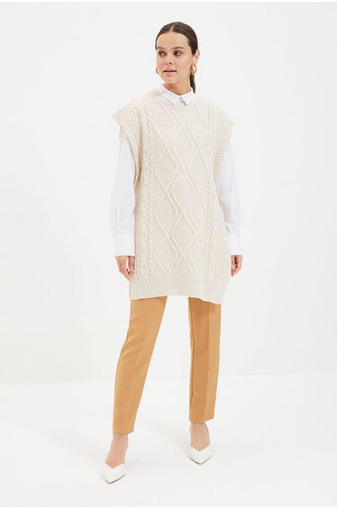 Beige Tie Waist Braided Knitwear Sweater
