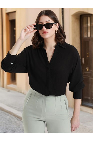 Black Viscose Crepe Solid Relaxed Fit Shirt